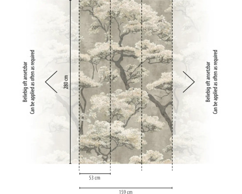 Vlies fotobehang met boommotief, afmetingen 280 centimeter hoog en 159 centimeter breed, bestaande uit drie banen, oneindig herhaalbaar.