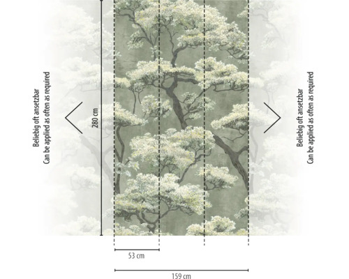 Vliesbehang met boommotief, afmetingen 280 cm bij 159 cm, bestaande uit 3 banen van 53 cm, oneindig uitbreidbaar.