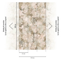 Vliesbehang met kersenbloesempatroon, 280 bij 159 centimeter, oneindig herhaalbaar, drie banen van elk 53 centimeter breed.