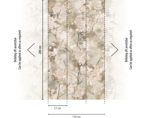 Vliesbehang met kersenbloesempatroon, 280 bij 159 centimeter, oneindig herhaalbaar, drie banen van elk 53 centimeter breed.