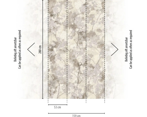 Vliesbehang met floraal bladerpatroon in aquarellook, hoogte 280 centimeter, breedte 159 centimeter, eindeloos herhaalbaar.