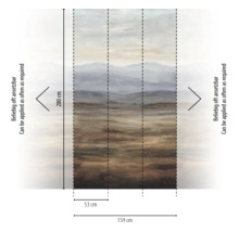 Schema van het vliesfotobehang met berglandschap: hoogte 280 centimeter, breedte 159 centimeter, baanbreedte 53 centimeter. Oneindig herhaalbaar.