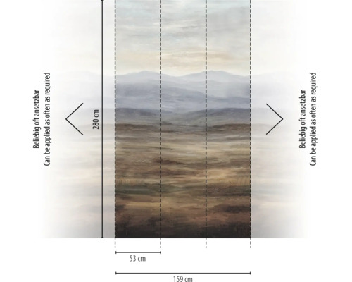 Schema van het vliesfotobehang met berglandschap: hoogte 280 centimeter, breedte 159 centimeter, baanbreedte 53 centimeter. Oneindig herhaalbaar.