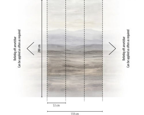 Maatschets van fotobehang met berglandschap, hoogte 280 centimeter, breedte 159 centimeter bestaande uit 3 banen van 53 centimeter, herhaalbaar.
