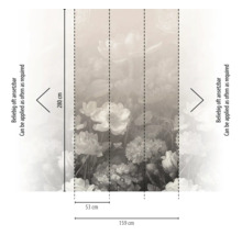 Vliesfotobehang met bloemenpatroon, afmetingen 280 bij 159 centimeter, bestaande uit drie banen van 53 centimeter breed, oneindig herhaalbaar.