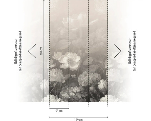 Vliesfotobehang met bloemenpatroon, afmetingen 280 bij 159 centimeter, bestaande uit drie banen van 53 centimeter breed, oneindig herhaalbaar.