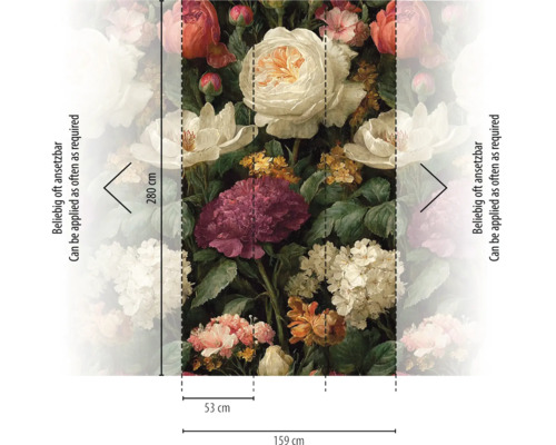 Vliesfotobehang met floraal stillevenpatroon, hoogte 280 centimeter, breedte 159 centimeter, bestaande uit drie banen.
