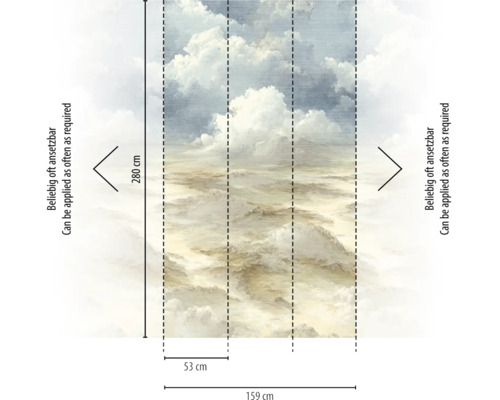 Fotobehang met wolken, hoogte 280 centimeter, breedte 159 centimeter, 3 banen van 53 centimeter, oneindig uitbreidbaar.