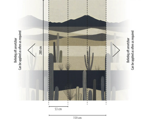 Vlies fotobehang met woestijnlandschap en cactussen, hoogte 280 centimeter, breedte 159 centimeter, naar wens herhaalbaar.