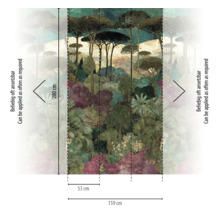 Vliesfotobehang met boslandschap en pijnbomen, hoogte 280 centimeter, breedte 159 centimeter uit drie banen van 53 centimeter, oneindig herhaalbaar.