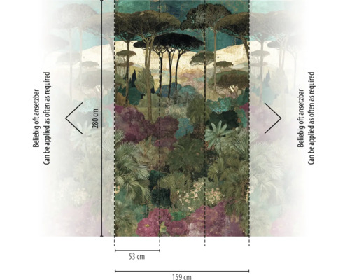 Vliesfotobehang met boslandschap en pijnbomen, hoogte 280 centimeter, breedte 159 centimeter uit drie banen van 53 centimeter, oneindig herhaalbaar.