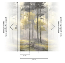 Fotobehang met mistig bosmotief, 280 centimeter hoog, 159 centimeter breed, 3 stroken van elk 53 centimeter, oneindig uitbreidbaar.