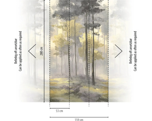 Fotobehang met mistig bosmotief, 280 centimeter hoog, 159 centimeter breed, 3 stroken van elk 53 centimeter, oneindig uitbreidbaar.