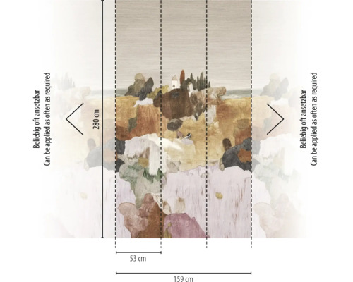 Vliesfotobehang met abstract landschapsmotief, breedte 159 centimeter, hoogte 280 centimeter, bestaande uit drie banen, eindeloos te herhalen.