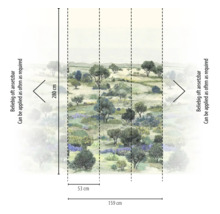 Vliesbehang met landschapsmotief van bomen en struiken, 280 centimeter hoog en 159 centimeter breed, naar wens herhaalbaar.