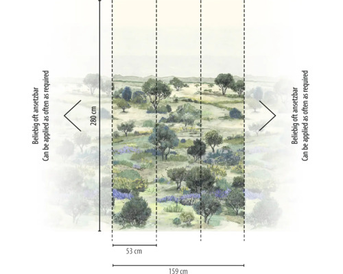 Vliesbehang met landschapsmotief van bomen en struiken, 280 centimeter hoog en 159 centimeter breed, naar wens herhaalbaar.
