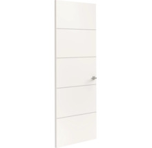 Witte binnendeur met vier horizontale groeven en een zilverkleurige deurklink.