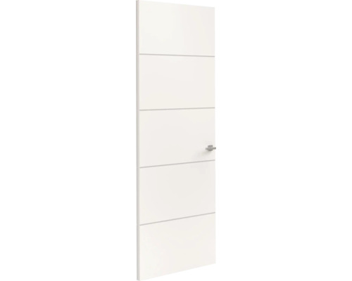 Witte binnendeur met vier horizontale groeven en een zilverkleurige deurklink.