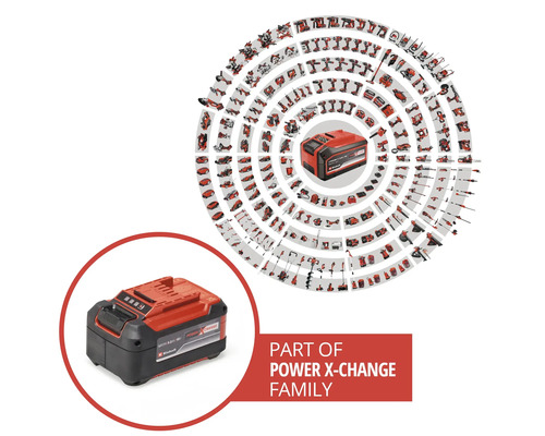 Einhell Power X-Change accu met een breed scala aan compatibele gereedschappen en tuingereedschappen uit het accusysteem.