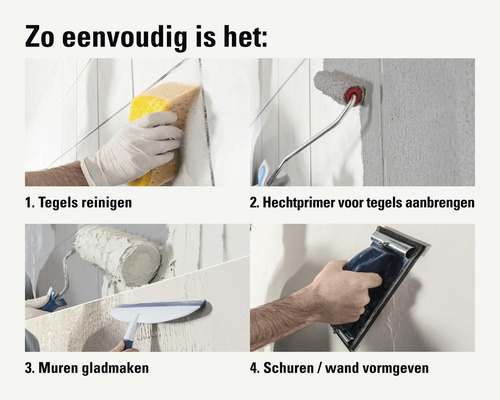 Stappenplan wandbewerking: 1. Tegels reinigen, 2. Hechtprimer aanbrengen, 3. Muren gladmaken, 4. Schuren en wand vormgeven.