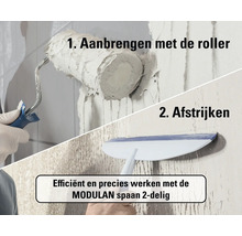 Toepassing van de tweedelige MODULAN spaan: eerst aanbrengen met de roller en daarna de wand afstrijken voor een glad resultaat.