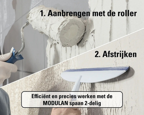 Toepassing van de tweedelige MODULAN spaan: eerst aanbrengen met de roller en daarna de wand afstrijken voor een glad resultaat.