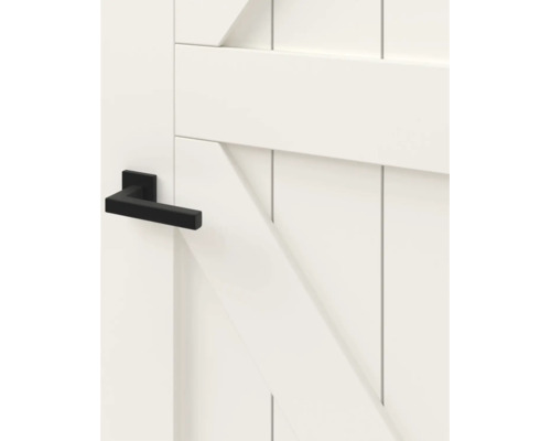Detailopname van een witte binnendeur in landelijke stijl met een moderne zwarte deurklink.
