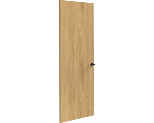 Binnendeurblad met eiken decor en zwart deurbeslag.