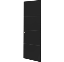 Moderne binnendeur in zwart met horizontale groeven en een zilverkleurige deurklink.