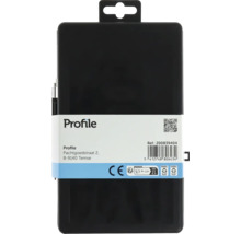 Zwarte kunststof verpakking met Profile Logo, barcode, CE-markering en recyclinginstructies.