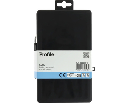 Zwarte kunststof verpakking met Profile Logo, barcode, CE-markering en recyclinginstructies.