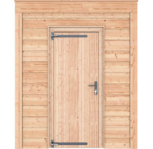 Houten deur voor tuinhuizen van lichtgekleurd hout met verticale panelen, zwarte gehengen en een zwarte deurklink met sleutel.