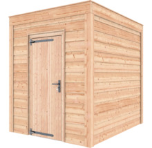Houten tuinhuis met plat dak, enkele deur en horizontale houten gevelbekleding.
