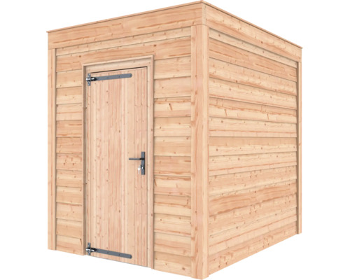 Houten tuinhuis met plat dak, enkele deur en horizontale houten gevelbekleding.