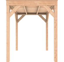 Onderaanzicht van een houten carport met massieve palen, schoren en dakconstructie van naaldhout.