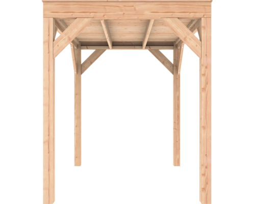 Onderaanzicht van een houten carport met massieve palen, schoren en dakconstructie van naaldhout.