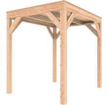 Vrijstaand houten paviljoen van naaldhout met een plat dak, stevige hoekpalen en schoren voor extra stabiliteit.