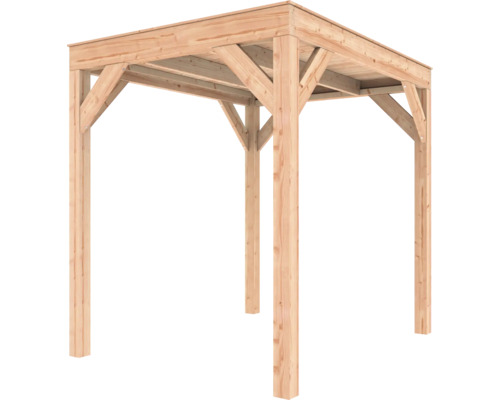 Vrijstaand houten paviljoen van naaldhout met een plat dak, stevige hoekpalen en schoren voor extra stabiliteit.
