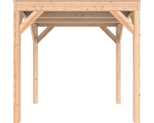 Houten constructie met vier palen en stabiliserende schoren.
