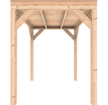 Onderaanzicht van een houten prieel of carport met vier palen, schoren en een plat dak van natuurlijk hout.