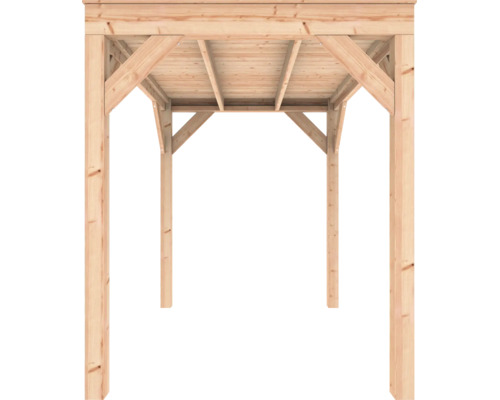 Onderaanzicht van een houten prieel of carport met vier palen, schoren en een plat dak van natuurlijk hout.