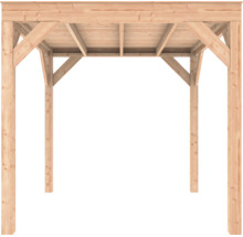 Massief houten constructie van een tuinpaviljoen, detailweergave van de dakbalken en steunpalen van onderaf.
