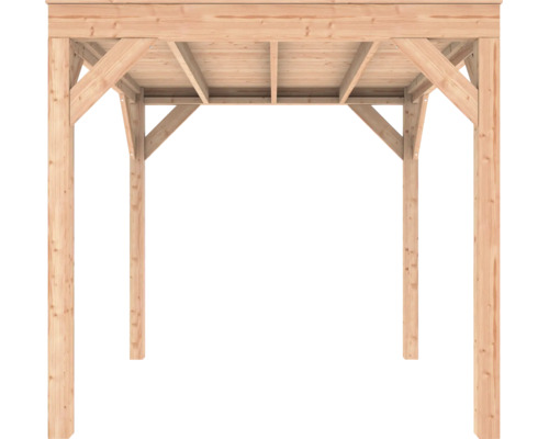 Massief houten constructie van een tuinpaviljoen, detailweergave van de dakbalken en steunpalen van onderaf.