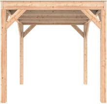 Houten overkapping van naaldhout, basisframe voor carport met vier palen en schoren.