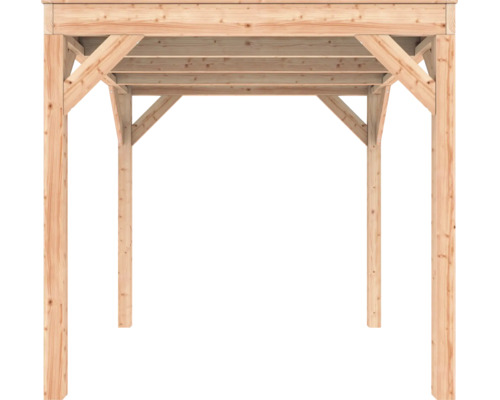 Houten overkapping van naaldhout, basisframe voor carport met vier palen en schoren.