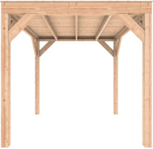 Houten paviljoen met vier palen en een platte dakconstructie inclusief schoren.