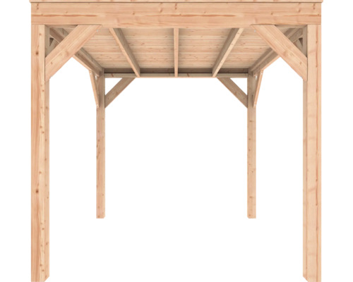 Houten paviljoen met vier palen en een platte dakconstructie inclusief schoren.