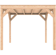 Houten pergola met plat dak, vier palen en schoren van natuurhout.