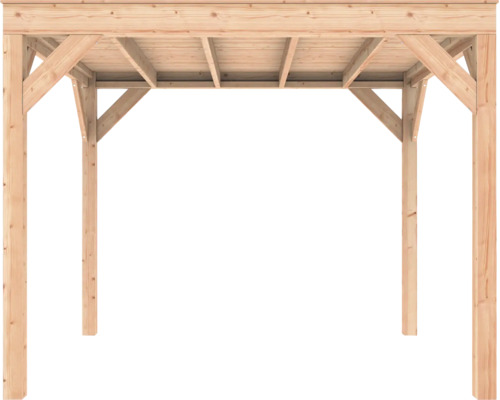 Houten pergola met plat dak, vier palen en schoren van natuurhout.