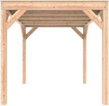 Houten overkapping met vier palen en dakconstructie van naaldhout.